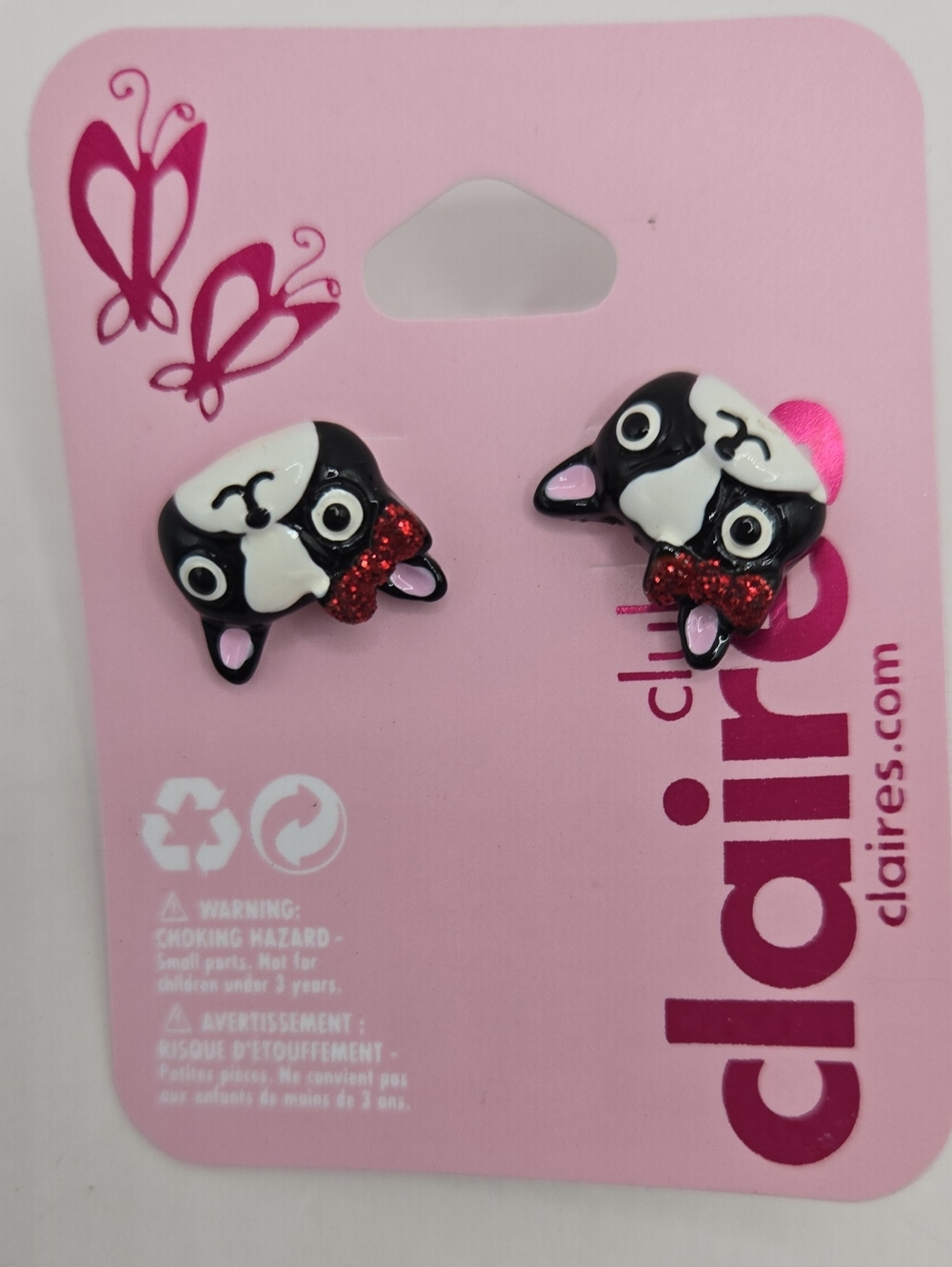 NEW Claire's Pink, Black & White Puppy Bow Stud Earrings